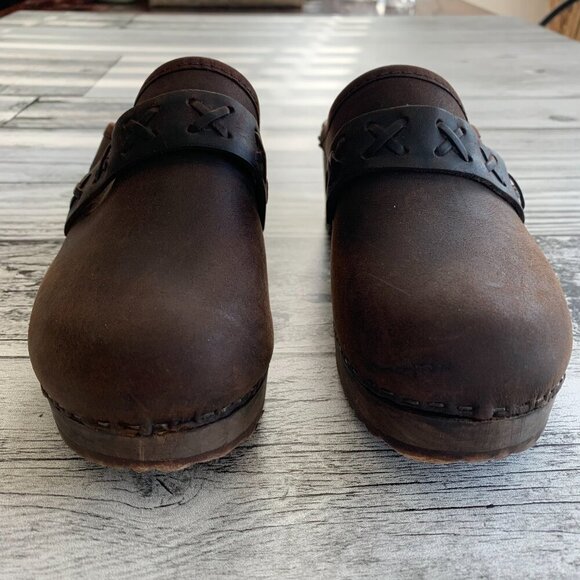 Danish Clogs Chocolate Brown Leather Wood Platform Slip On Mule Size 7 - Picture 12 of 15